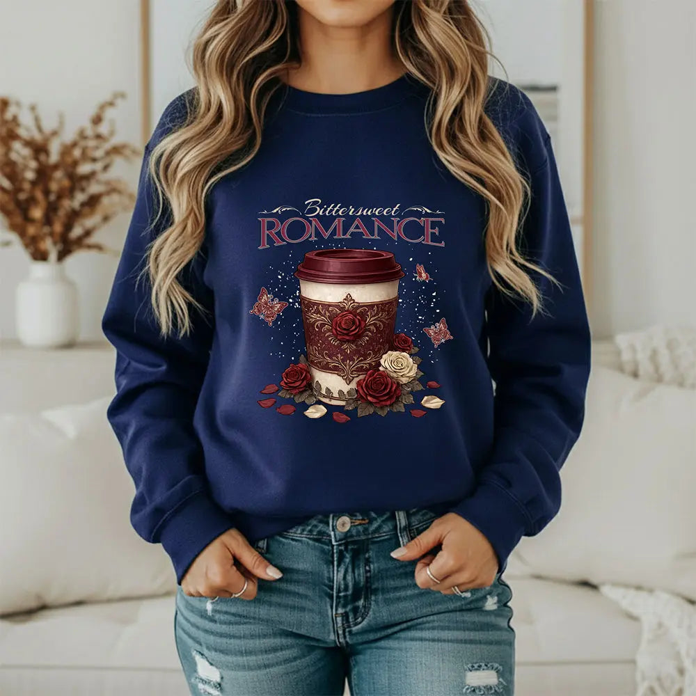 Bitterweet Romance Sweatshirt — Coffee & Roses Cozy Crewneck Printify