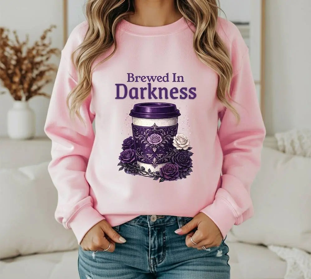 Brewed in Darkness Sweatshirt — Gothic Coffee Cup Graphic Printify