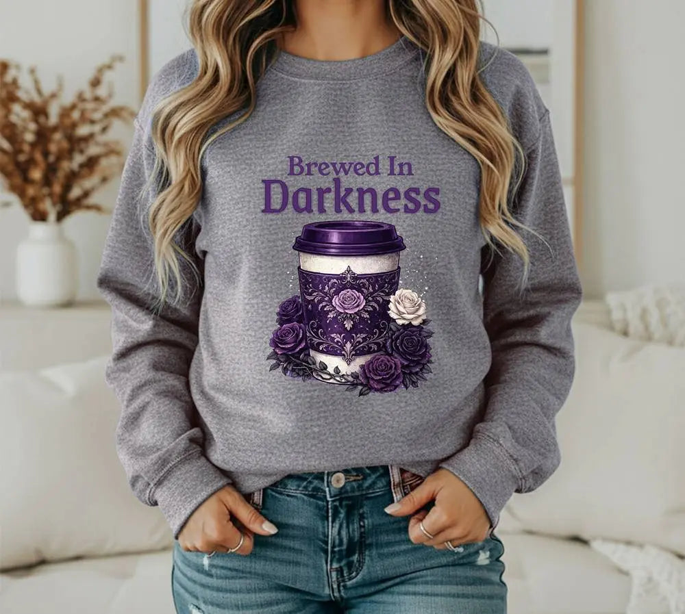 Brewed in Darkness Sweatshirt — Gothic Coffee Cup Graphic Printify