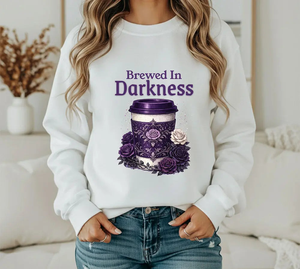Brewed in Darkness Sweatshirt — Gothic Coffee Cup Graphic Printify