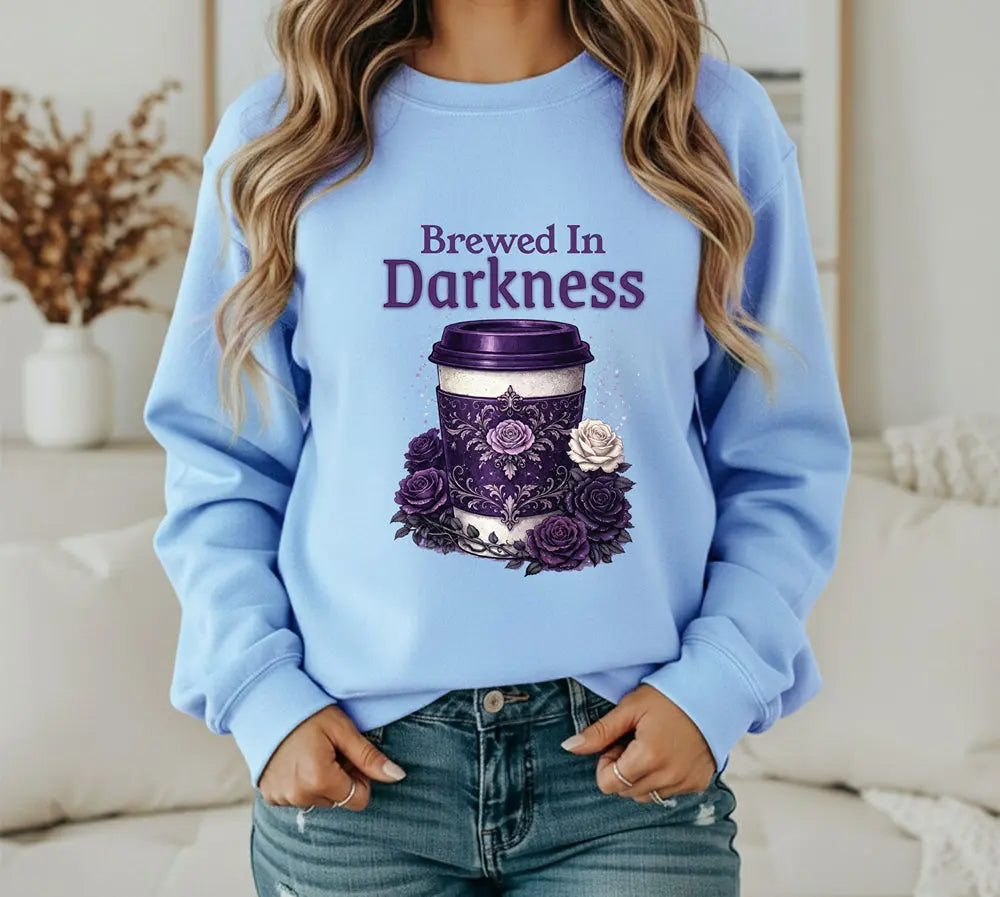 Brewed in Darkness Sweatshirt — Gothic Coffee Cup Graphic Printify