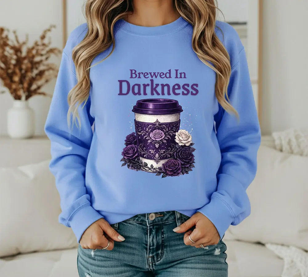 Brewed in Darkness Sweatshirt — Gothic Coffee Cup Graphic Printify