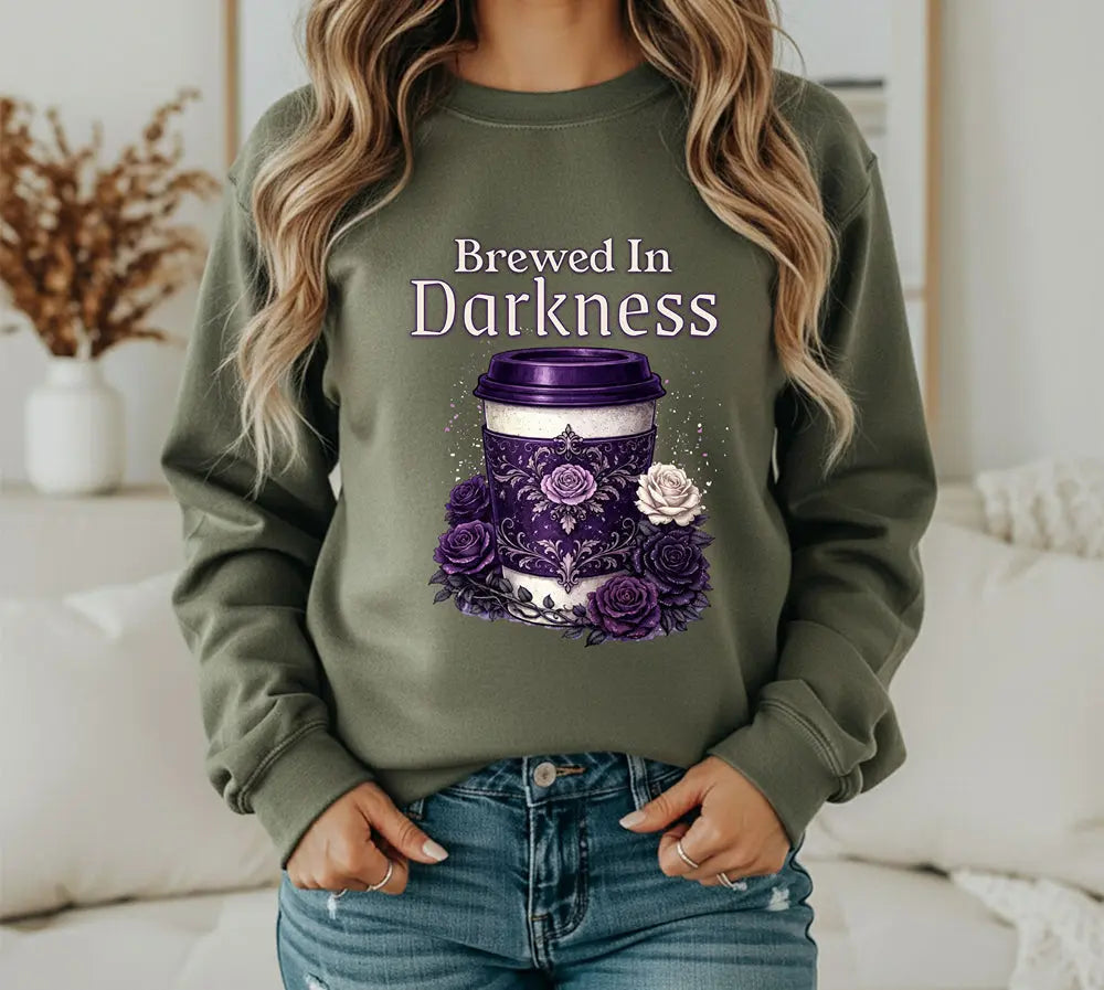 Brewed in Darkness Sweatshirt — Gothic Coffee Cup Graphic Printify