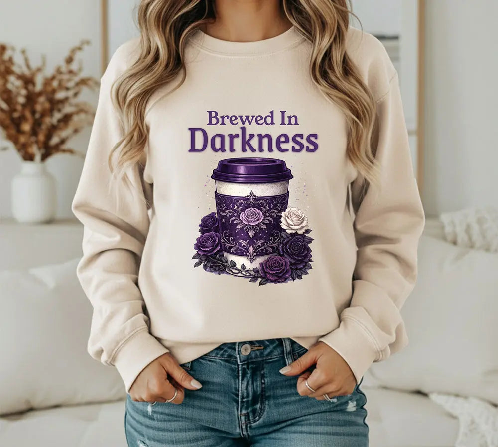 Brewed in Darkness Sweatshirt — Gothic Coffee Cup Graphic Printify