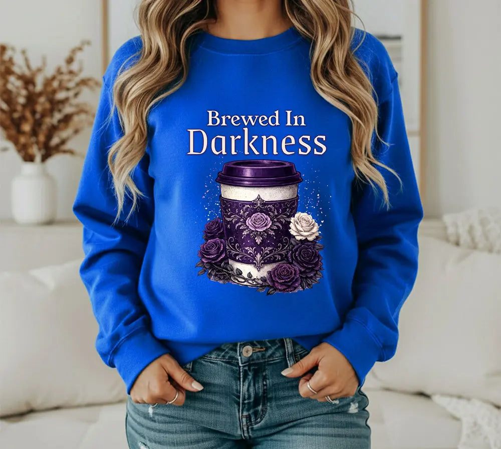 Brewed in Darkness Sweatshirt — Gothic Coffee Cup Graphic Printify