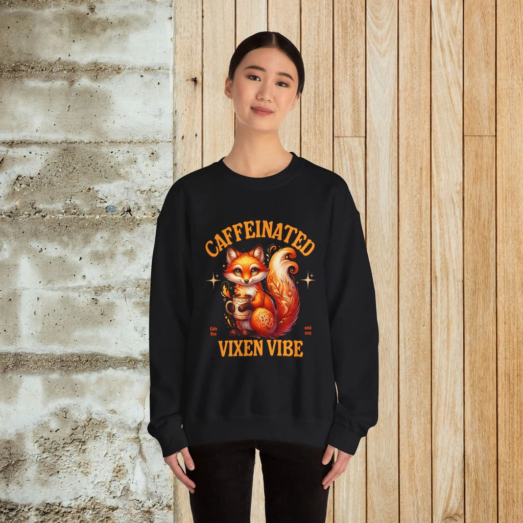 Caffeinated Vixen Vibe Sweatshirt, Cozy Unisex Crewneck for Coffee Lovers, Gift for Birthdays, Fall Fashion, Cute Animal Sweater Printify