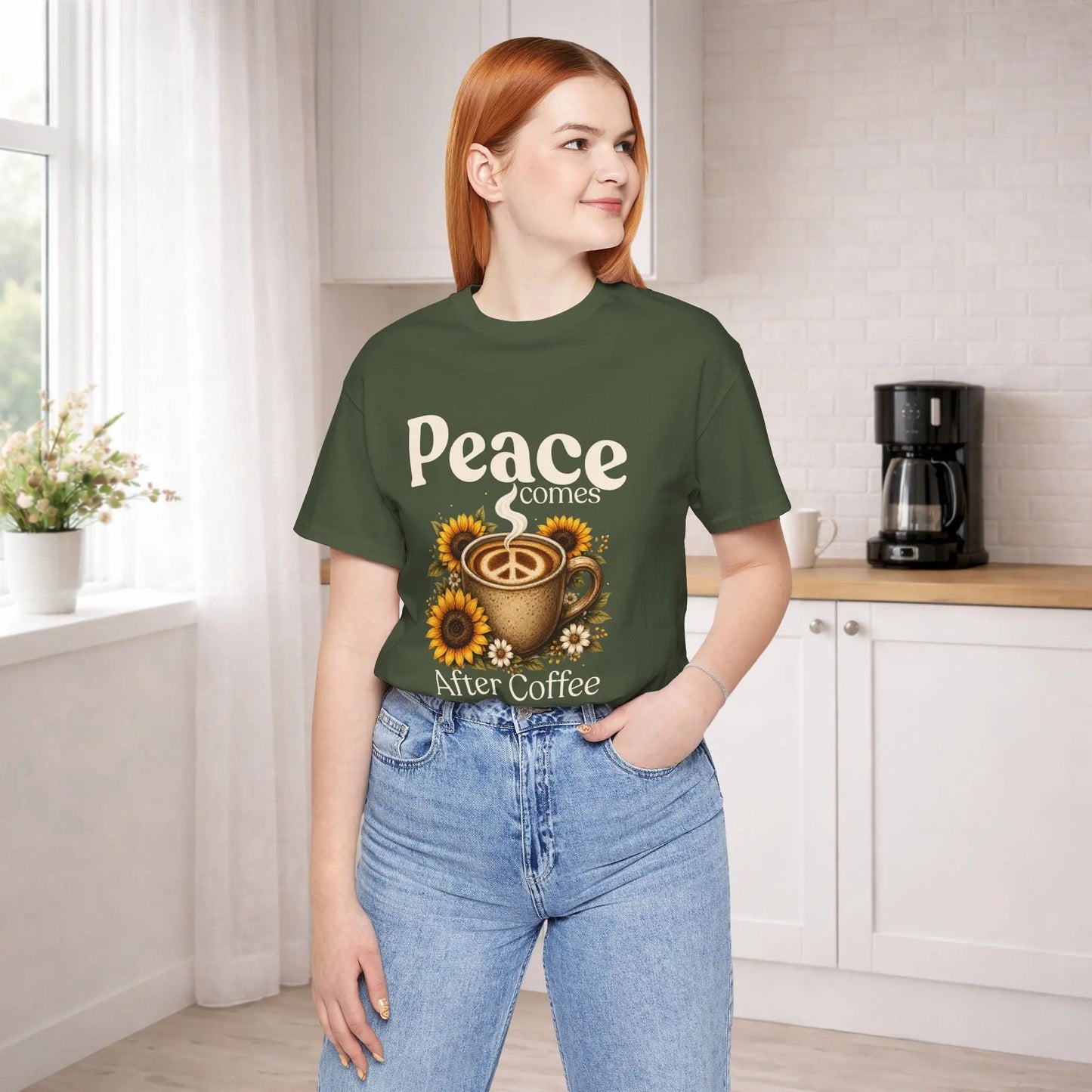 Peace Comes After Coffee Tee — Sunflower Coffee Lover T-Shirt Printify