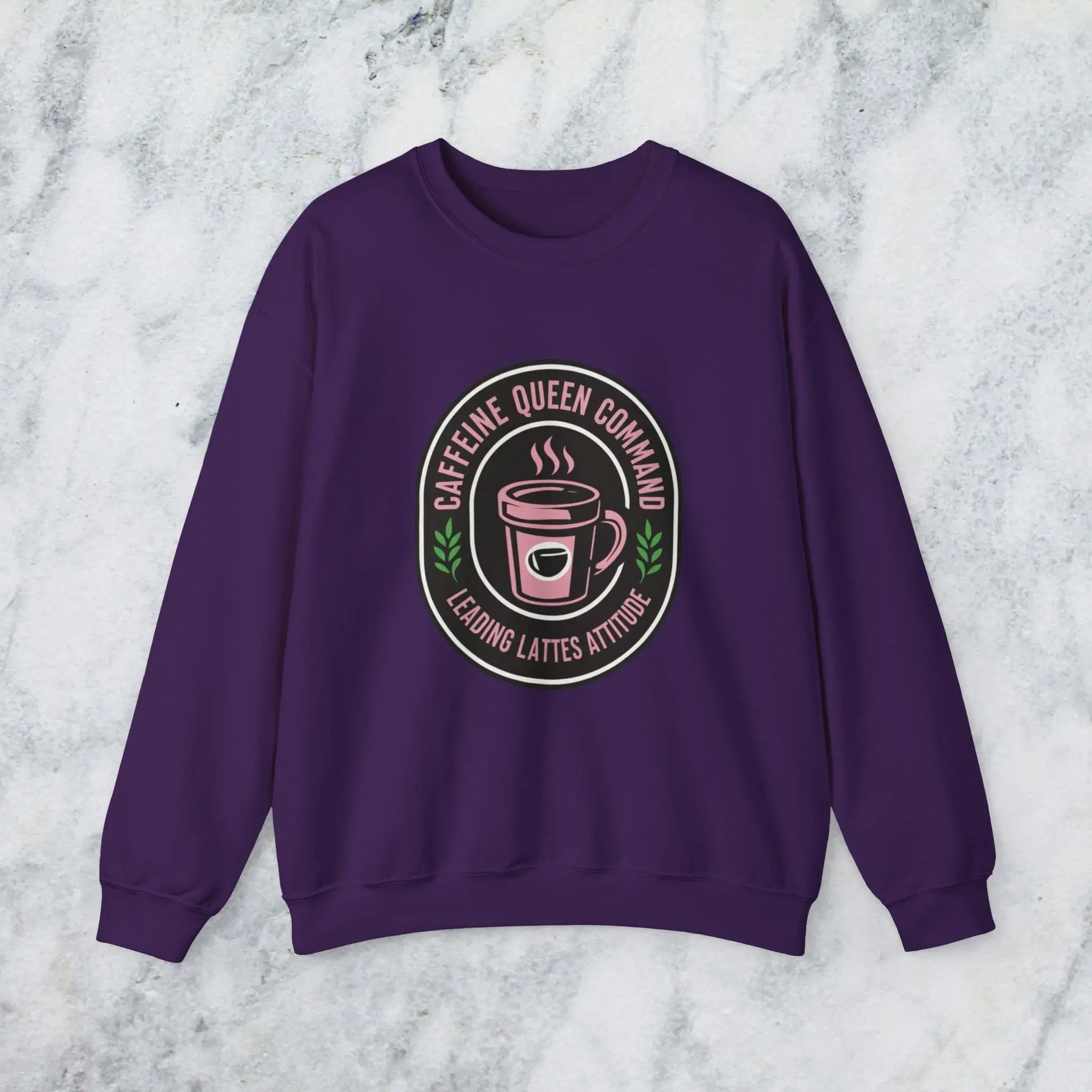 Coffee Crewneck Sweatshirt — "Caffeine Queen Command" Latte Lovers Pullover Printify