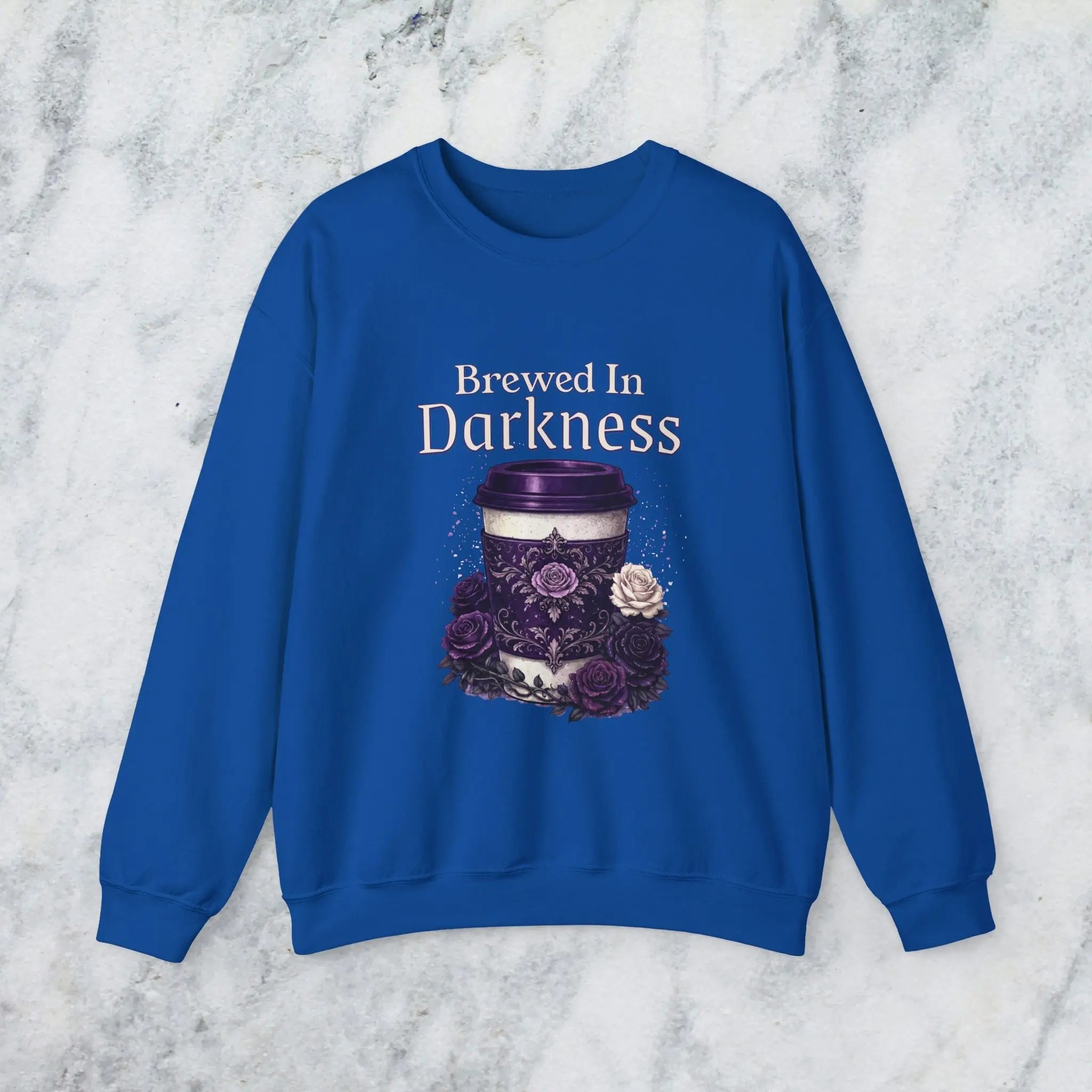 Brewed in Darkness Sweatshirt — Gothic Coffee Cup Graphic Printify