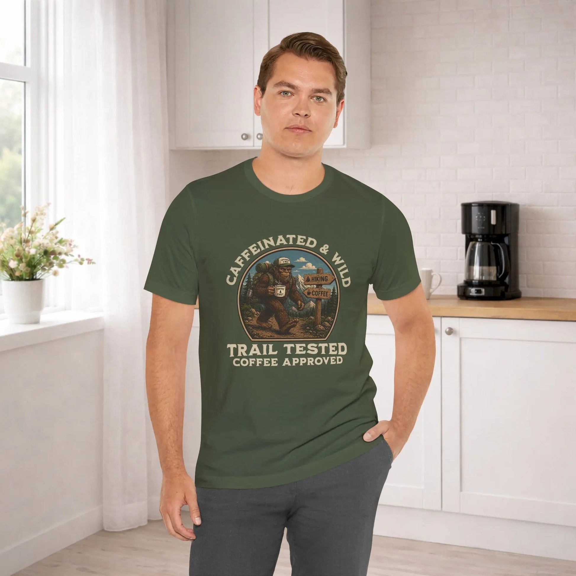 Caffeinated & Wild Tee — "Trail Tested Coffee Approved" Big Foot, Coffee, and Outdoor Hiking T-Shirt Printify