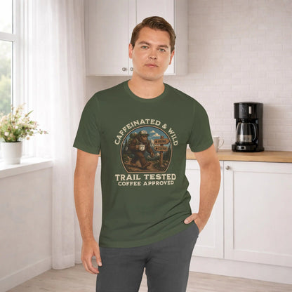 Caffeinated & Wild Tee — "Trail Tested Coffee Approved" Big Foot, Coffee, and Outdoor Hiking T-Shirt Printify