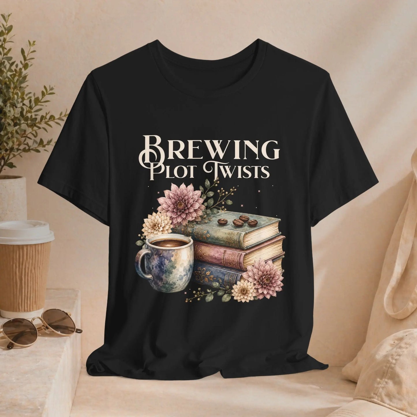 Brewing Plot Twists T‑Shirt — Coffee & Books Literary Tee Printify