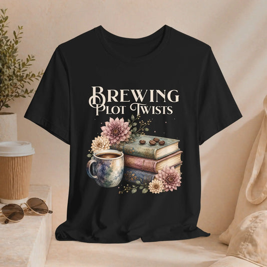 Brewing Plot Twists T‑Shirt — Coffee & Books Literary Tee Printify