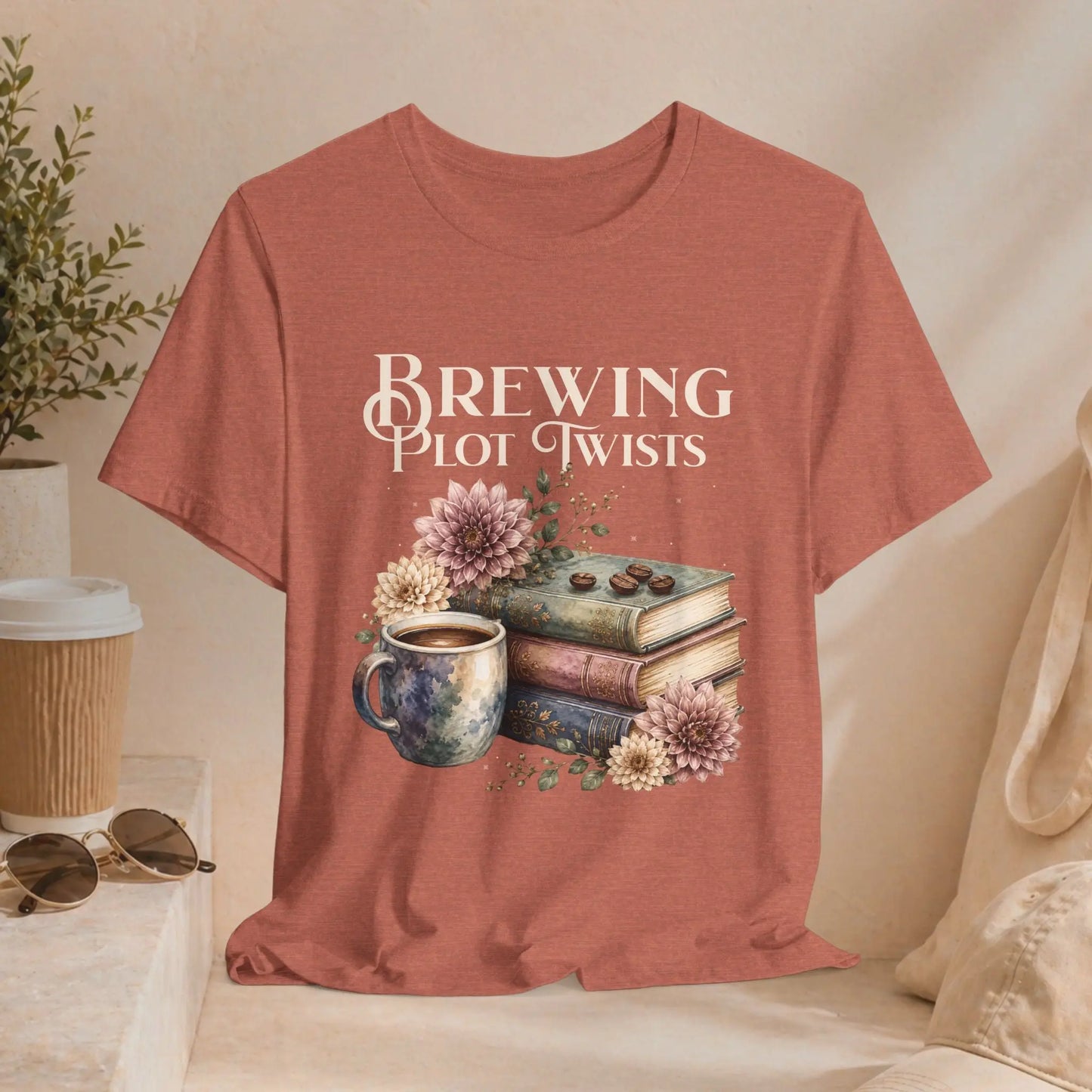 Brewing Plot Twists T‑Shirt — Coffee & Books Literary Tee Printify