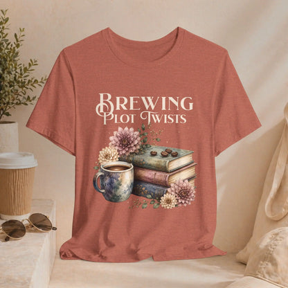 Brewing Plot Twists T‑Shirt — Coffee & Books Literary Tee Printify
