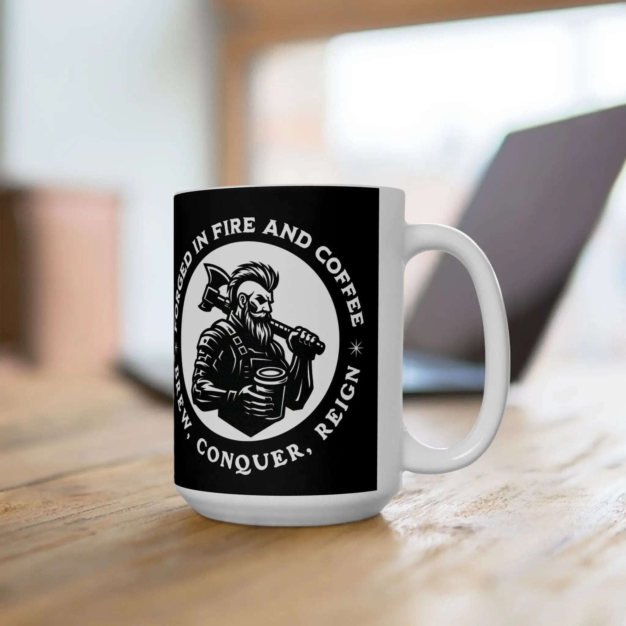 Forged in Fire and Coffee Mug – Viking Warrior 15oz Cup, Brew Conquer Reign Mug, Masculine Coffee Lover Gift for Men Printify