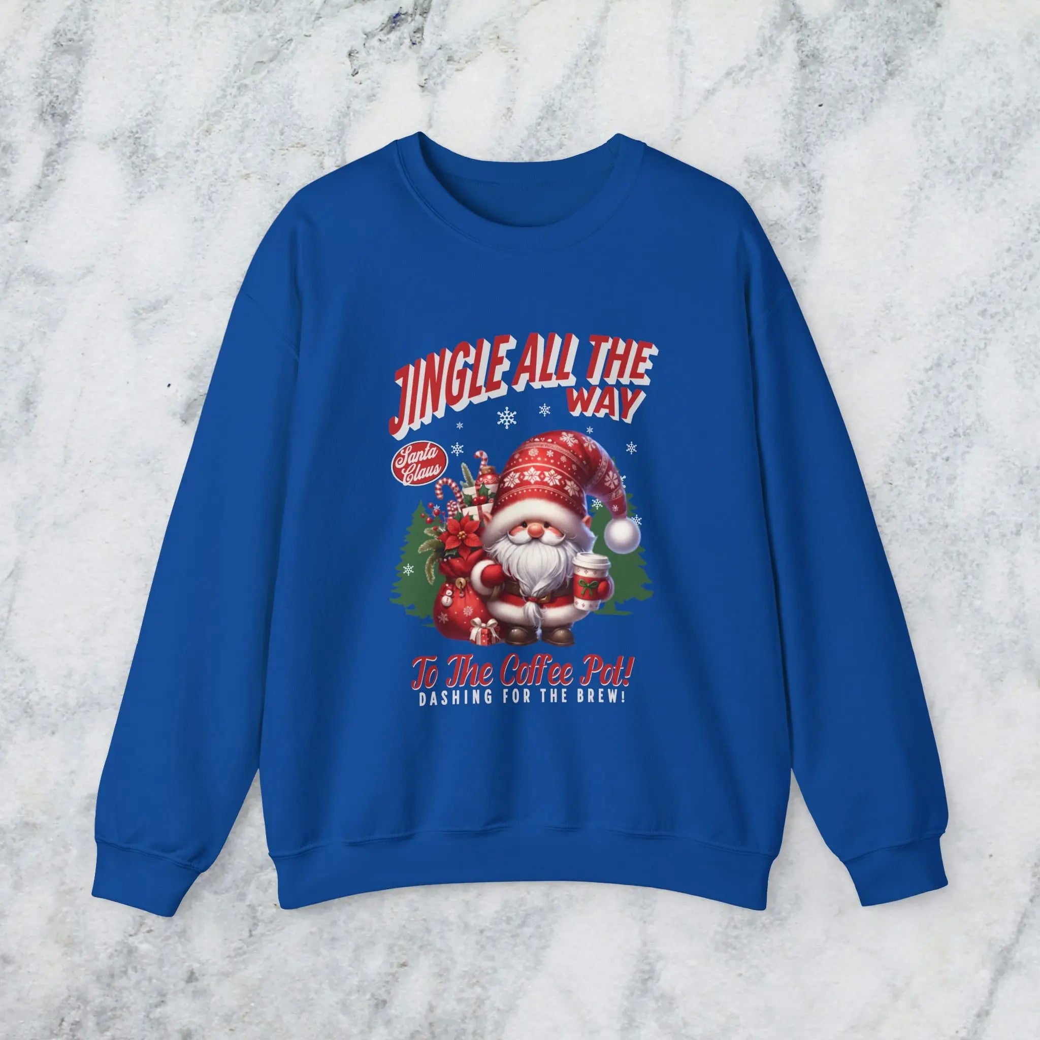 Jingle All the Way Sweatshirt - Cute Santa Holding Coffee and Toys Printify