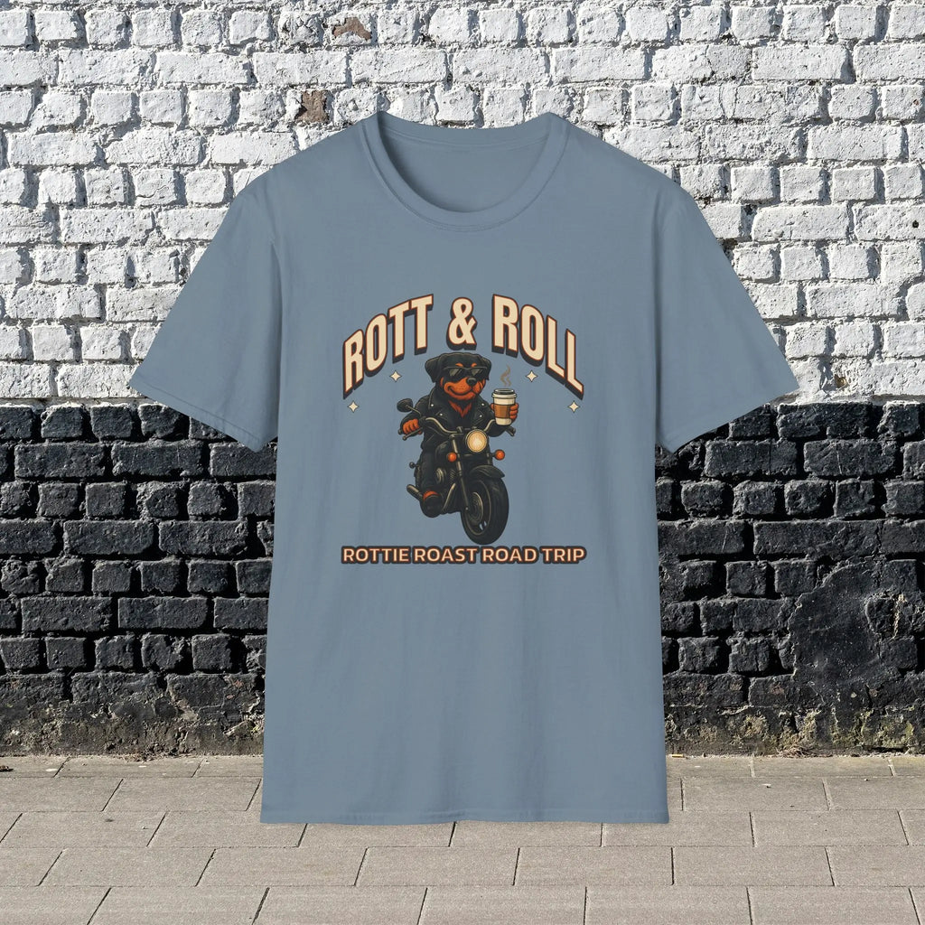 Rott & Roll T-Shirt — 'Rottie Roast Road Trip' Motorcycle Dog Graphic Tee Printify
