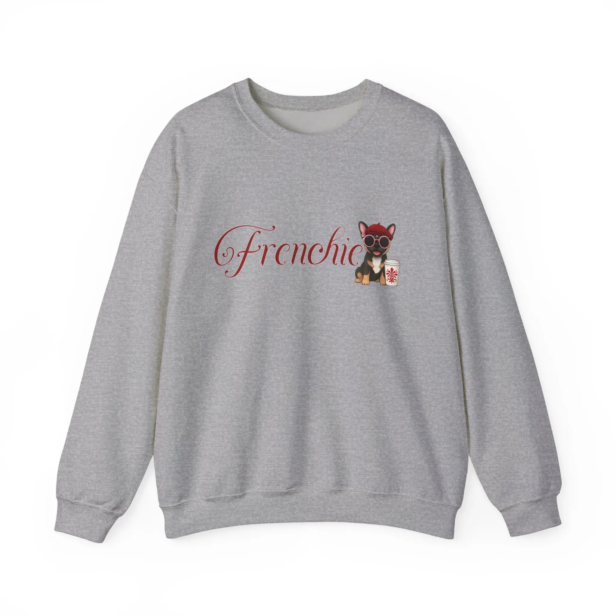 Frenchie Coffee Crewneck — Cute French Bulldog in Beret & Sunglasses Printify