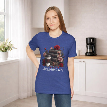 Spellbound Sips Tee - Gothic Book & Coffee Shirt Printify
