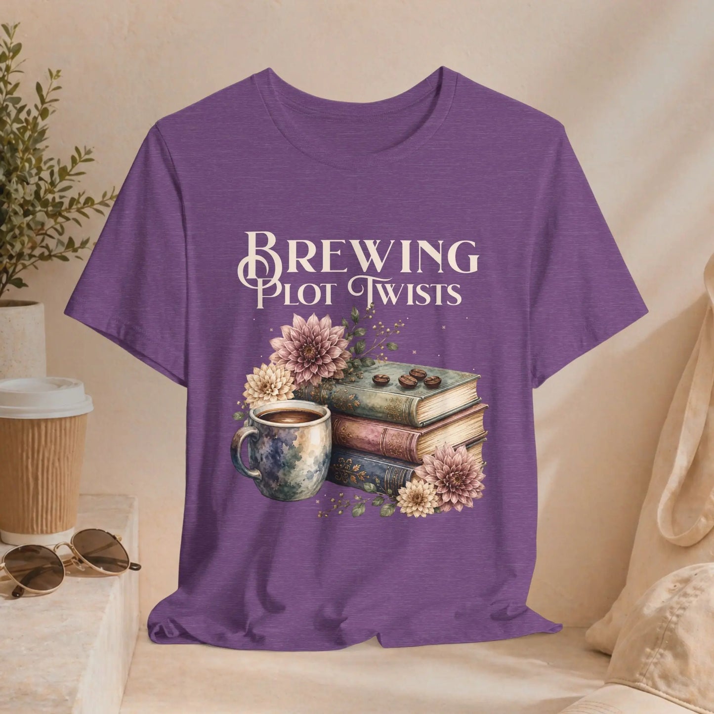 Brewing Plot Twists T‑Shirt — Coffee & Books Literary Tee Printify