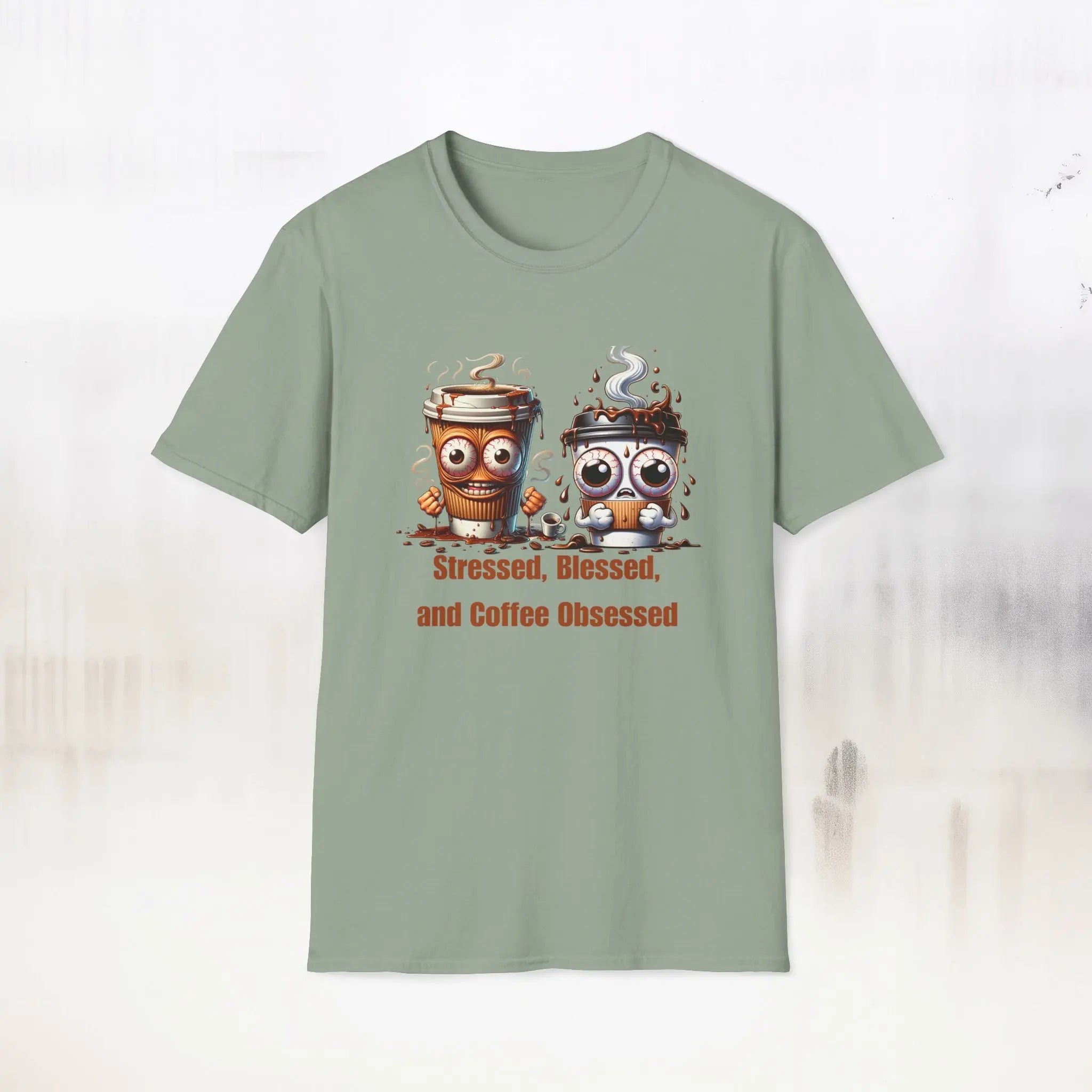 Stressed Blessed and Coffee Obsessed Shirt – Funny Coffee Lover T-Shirt, Caffeine Addict Tee, Cute Coffee Gift for Him Printify
