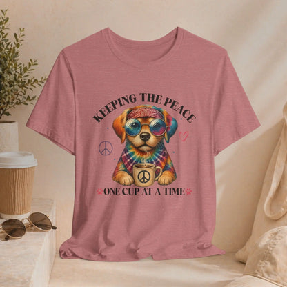 Keeping the Peace Puppy T‑Shirt — "One Cup at a Time" Coffee & Peace Dog Tee Printify