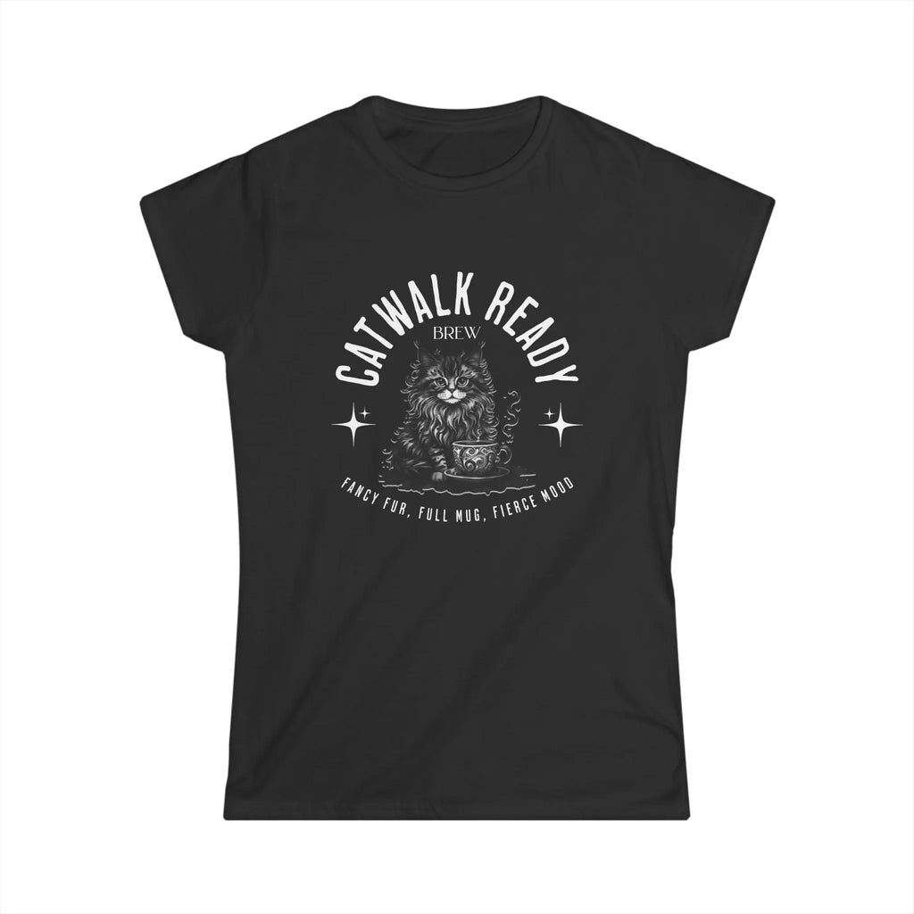 Elegant Cat Coffee T-Shirt – Catwalk Ready Brew, Fancy Fur, Full Mug, Fierce Mood Printify