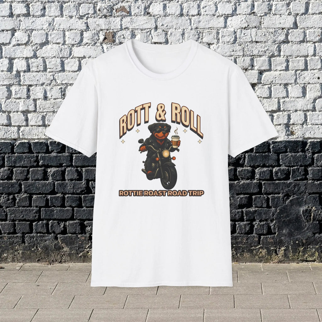 Rott & Roll T-Shirt — 'Rottie Roast Road Trip' Motorcycle Dog Graphic Tee Printify