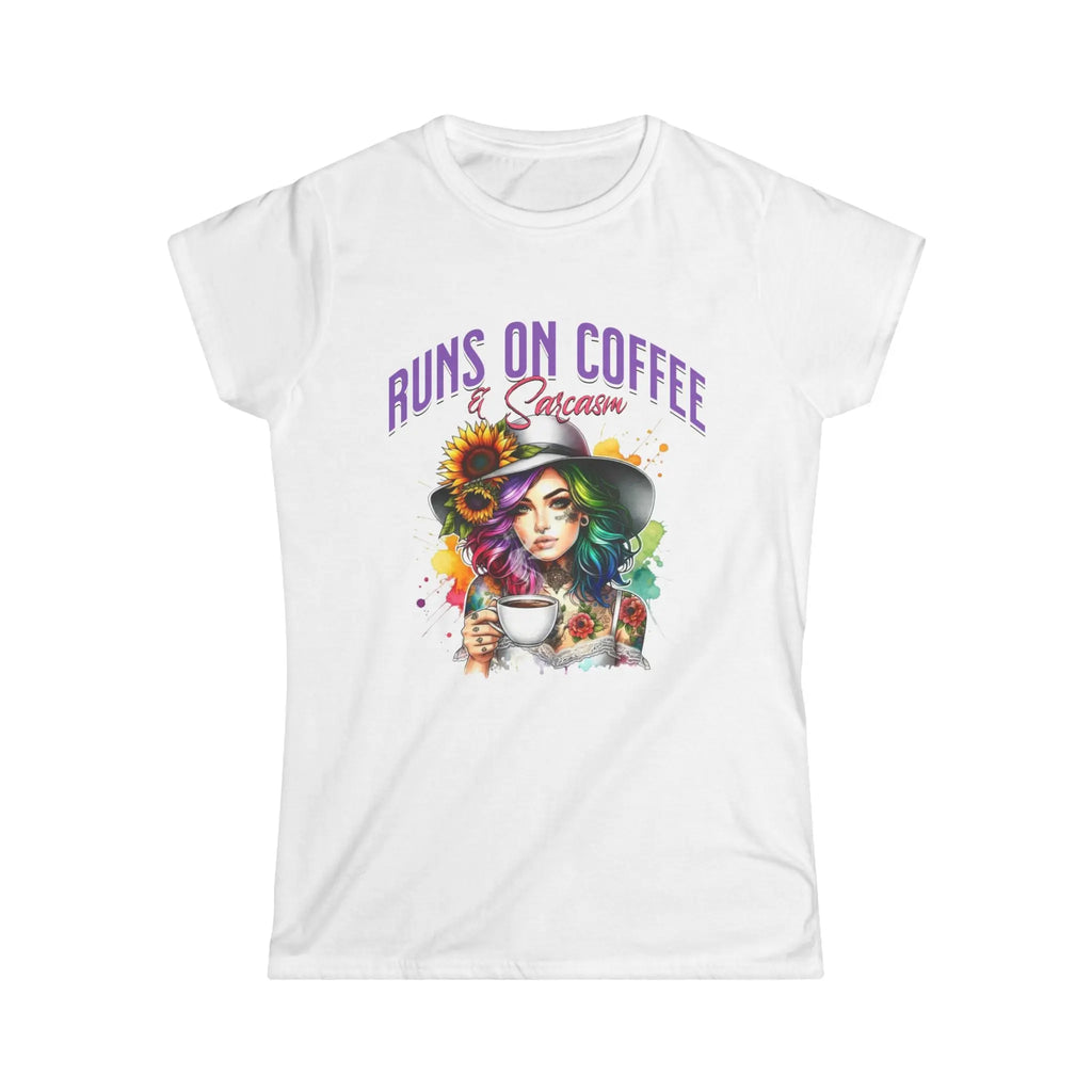 Runs on Coffee and Sarcasm T-shirt- Handmade Gift for Women, Casualwear, Coffee Addict Shirt, Fun Graphic Tee, Unique Gift Idea Printify