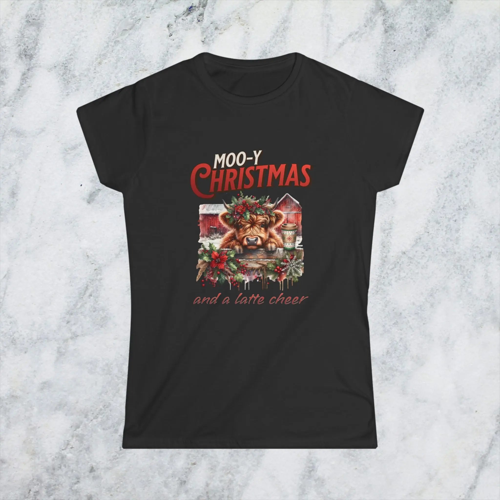 Mooy Christmas Tee - Cute Christmas Cow Latte Cheer Woman's T-Shirt Printify