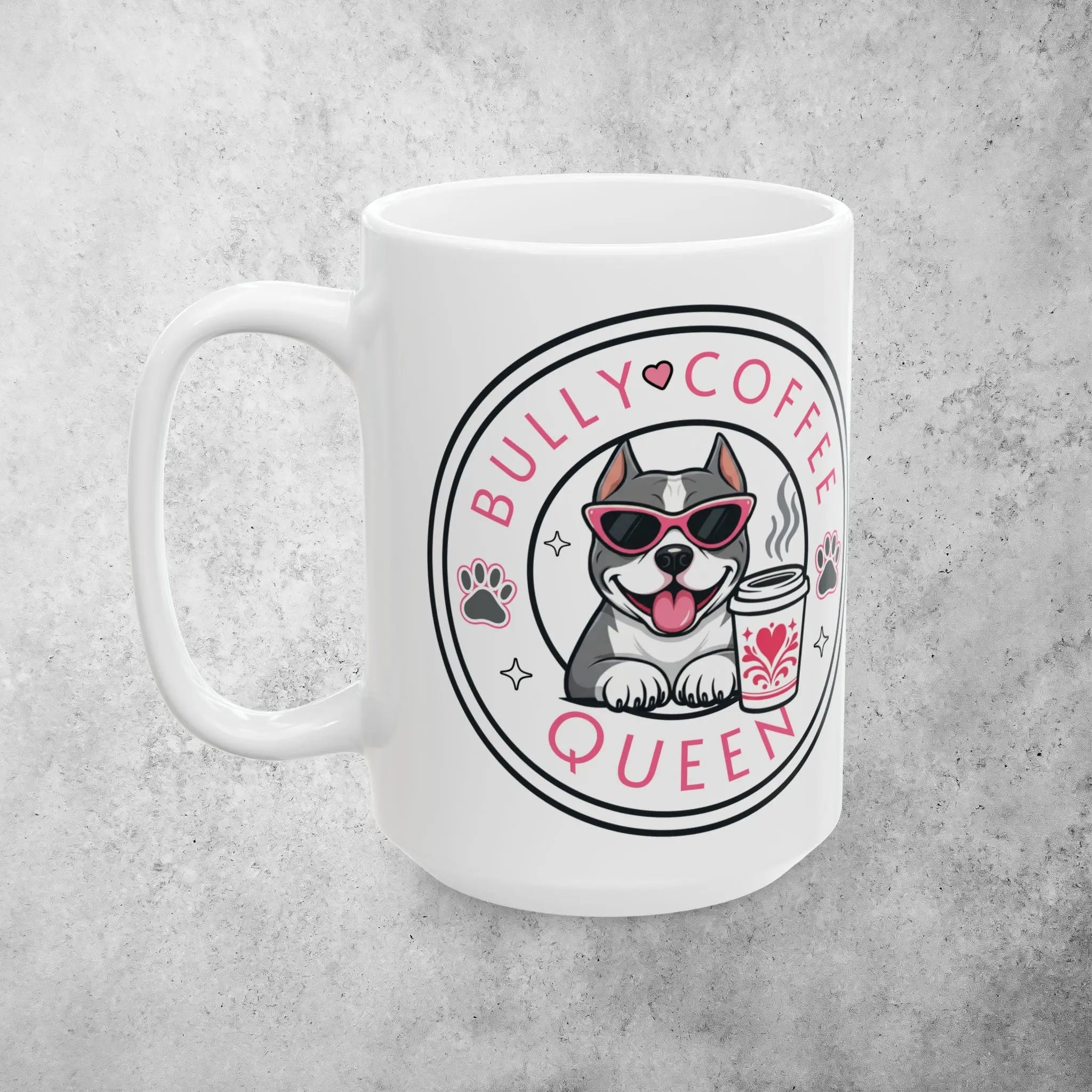 Bully Queen Coffee Mug – “Bully Coffee Queen” Cute Bully with Coffee Ceramic Cup (15oz) Printify