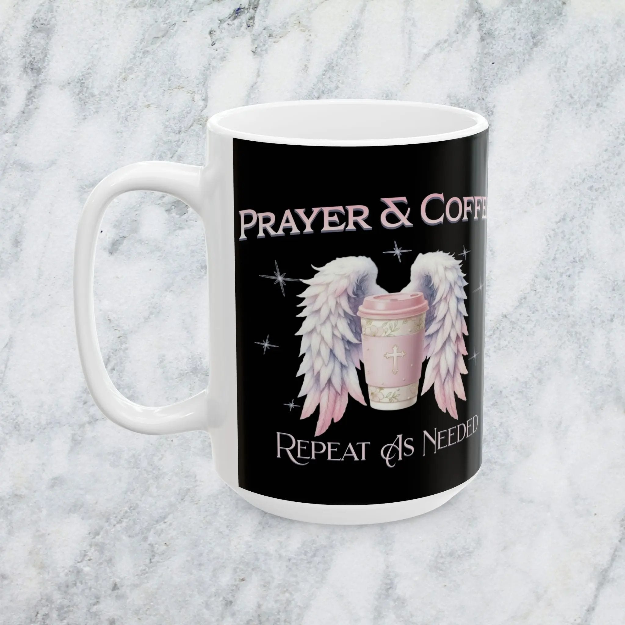Prayer & Coffee Mug, Angel Wings Design, Gift for Coffee Lovers, Spiritual Decor, Inspirational Mug, Unique Kitchenware Printify