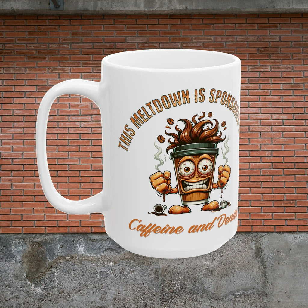 Caffeine and Denial 15 oz Ceramic Coffee Mug - Funny Togo Coffee Cup Meltdown Printify