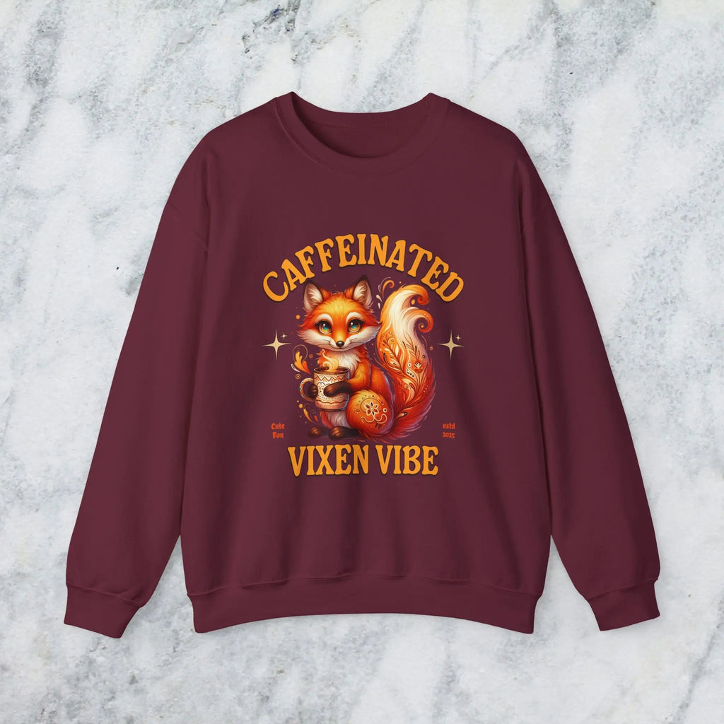Caffeinated Vixen Vibe Sweatshirt, Cozy Unisex Crewneck for Coffee Lovers, Gift for Birthdays, Fall Fashion, Cute Animal Sweater Printify