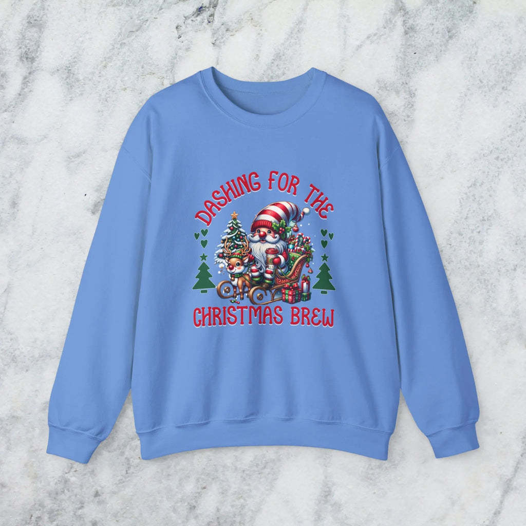 Dashing for the Brew Sweatshirt - Cute Christmas Santa in sleigh with toys and coffee Printify
