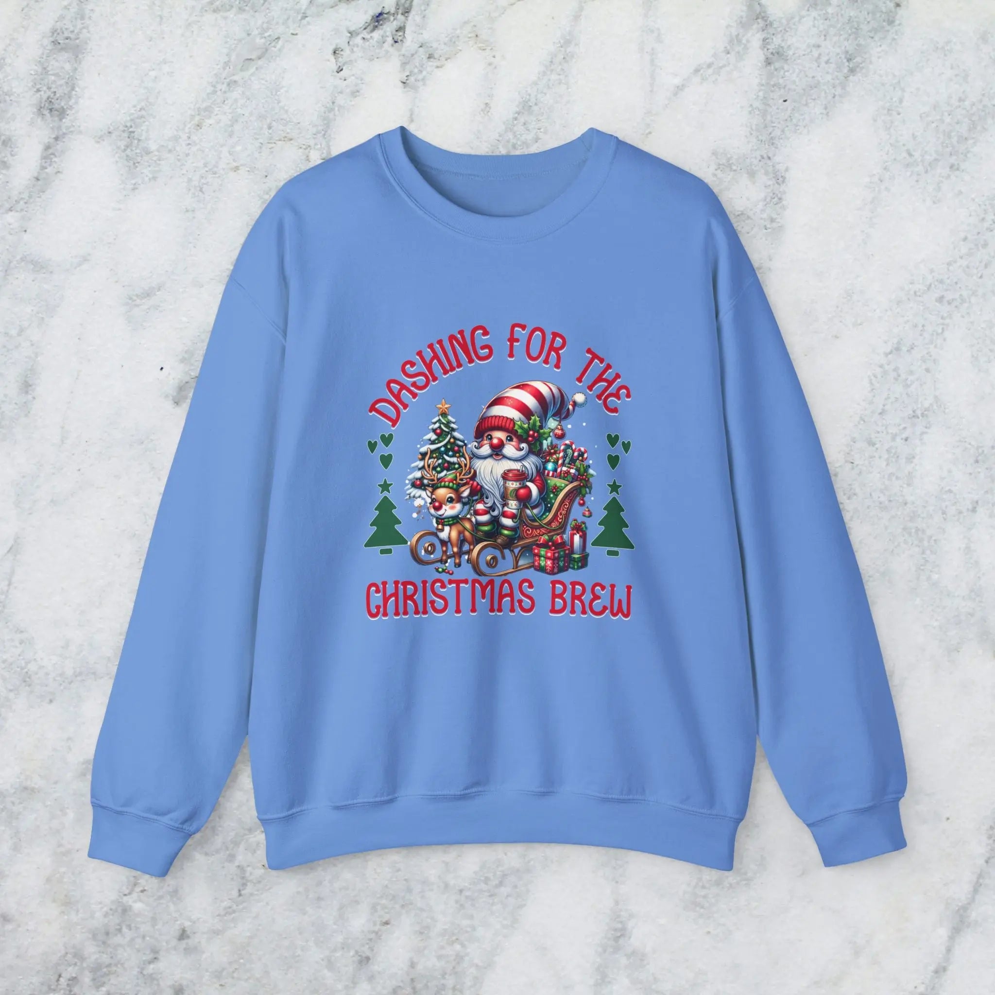 Dashing for the Brew Sweatshirt - Cute Christmas Santa in sleigh with toys and coffee Printify