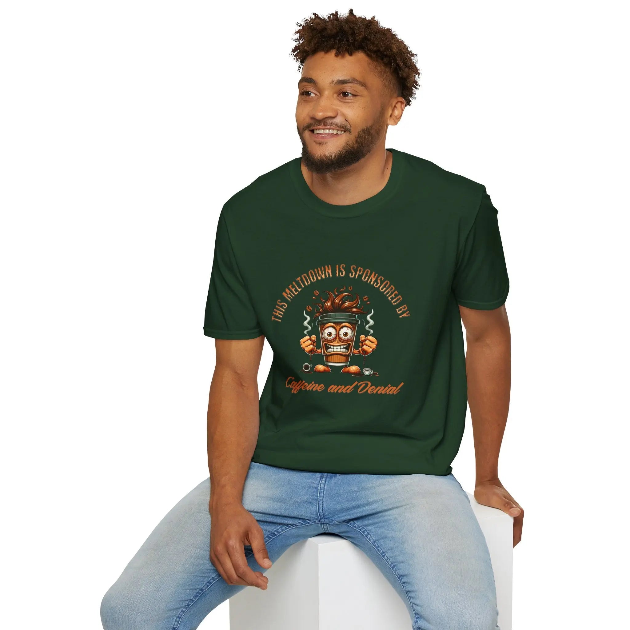 Caffeine and Denial T-Shirt - Boldly Bitter Company