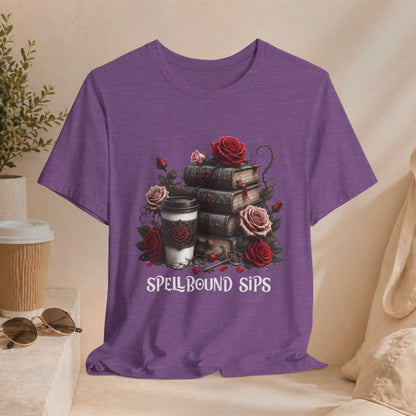 Spellbound Sips Tee - Gothic Book & Coffee Shirt Printify