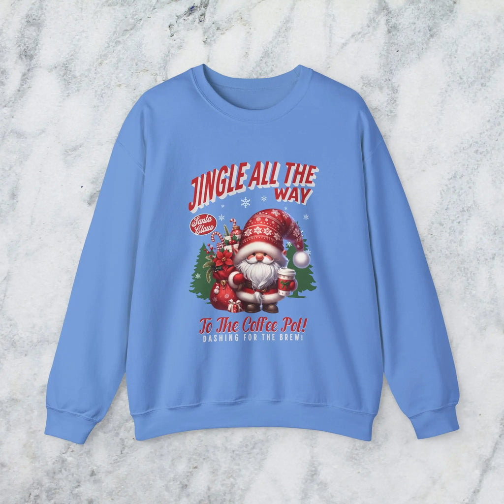 Jingle All the Way Sweatshirt - Cute Santa Holding Coffee and Toys Printify