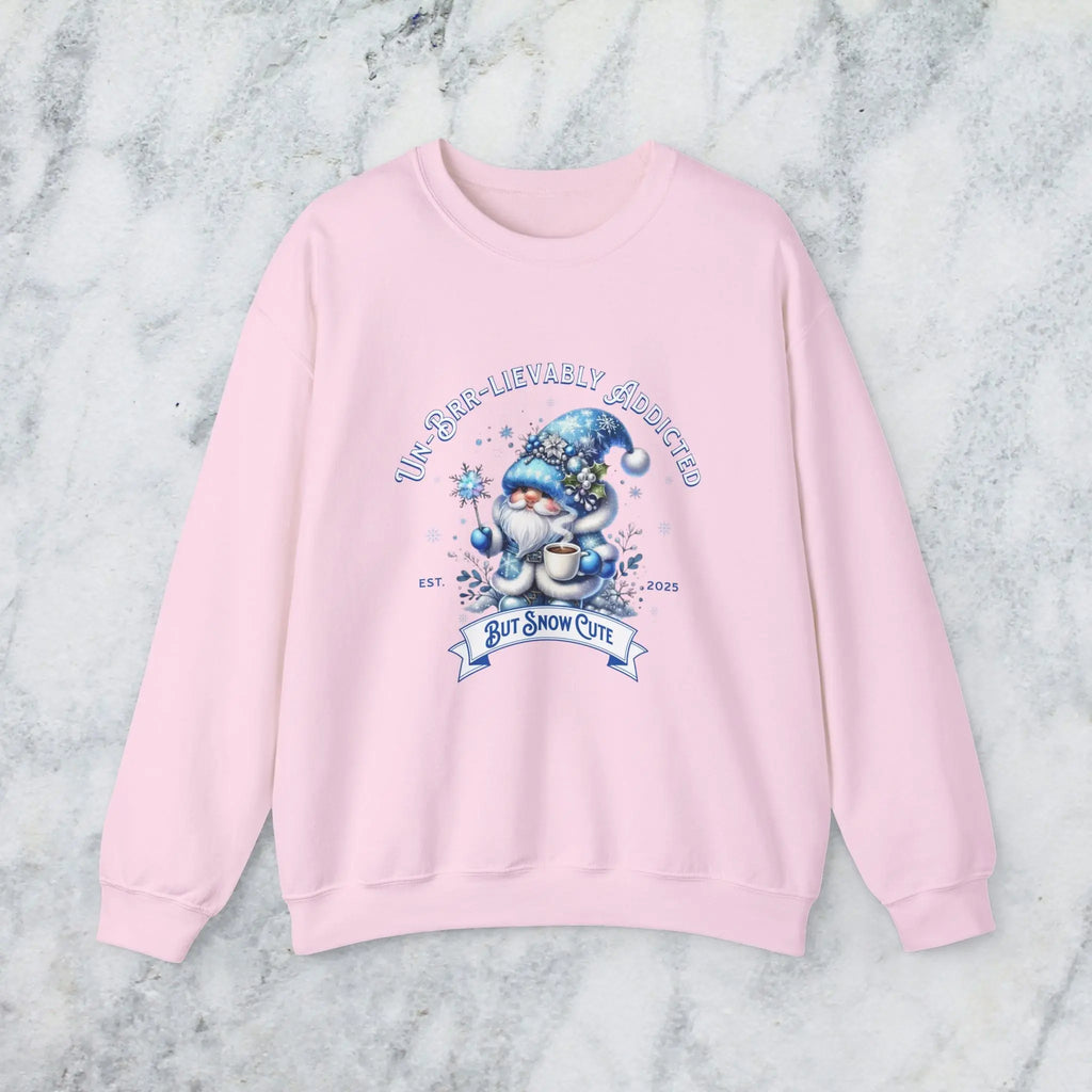 Unbrr-lievalby Addicted Sweatshirt - cute gnome with magic wand holding coffee winter shirt Printify