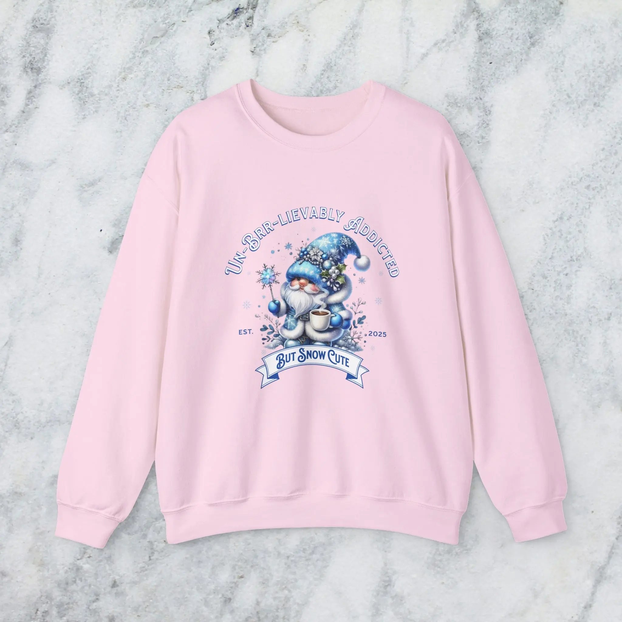 Unbrr-lievalby Addicted Sweatshirt - cute gnome with magic wand holding coffee winter shirt Printify