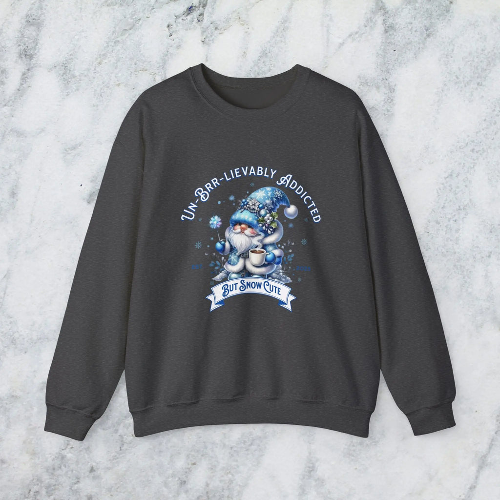 Unbrr-lievalby Addicted Sweatshirt - cute gnome with magic wand holding coffee winter shirt Printify