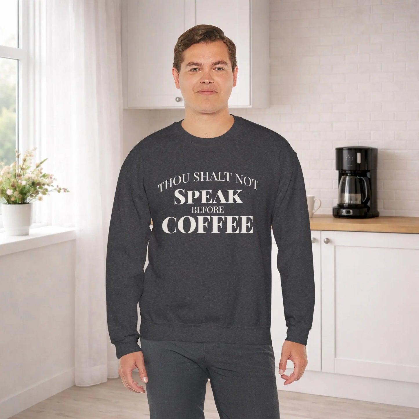 Speak Before Coffee Sweatshirt Printify