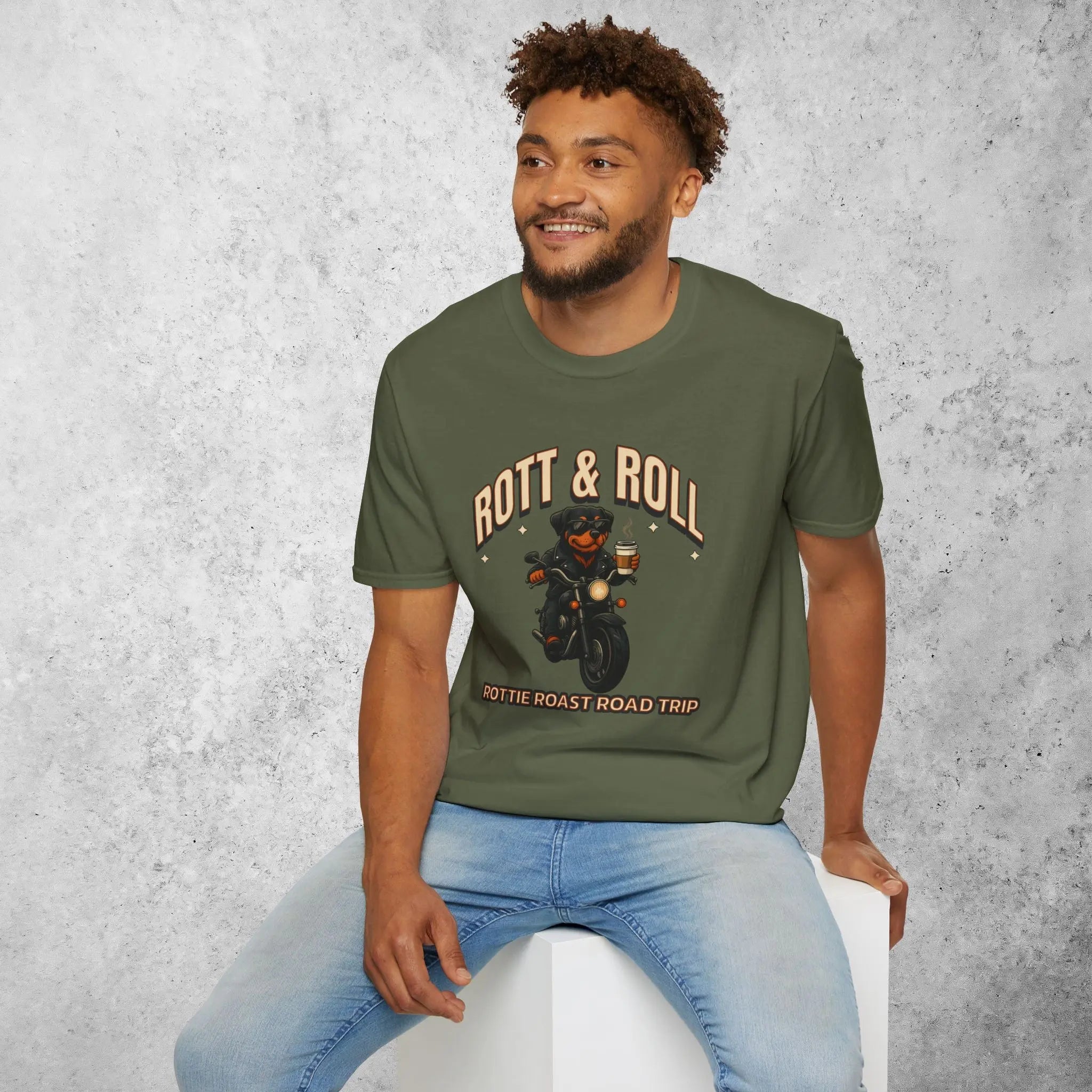 Rott & Roll T-Shirt — 'Rottie Roast Road Trip' Motorcycle Dog Graphic Tee Printify