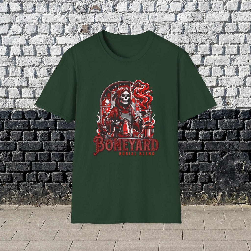 Boneyard Burial Blend T-Shirt – Gothic Coffee Lover Tee for Men, Grim Reaper Espresso Design, Dark Humor Caffeine Gift Shirt Printify