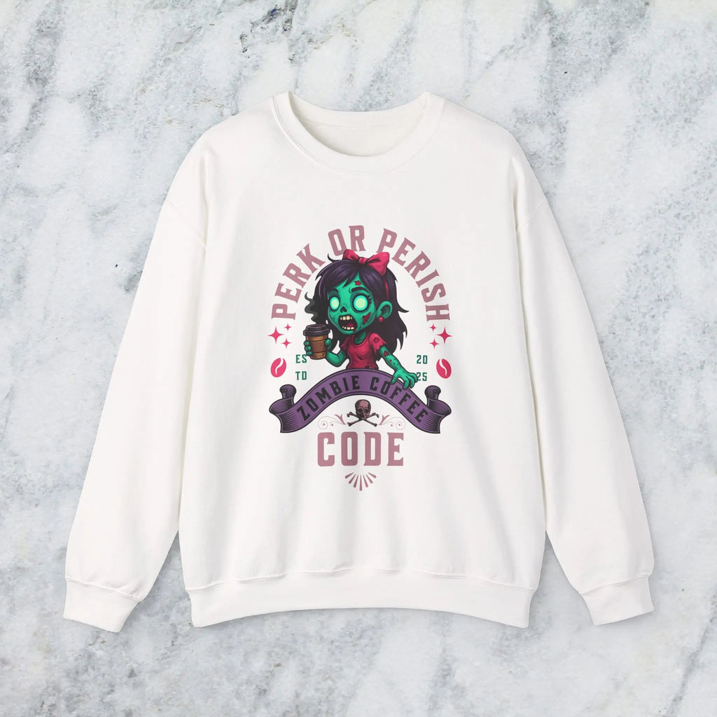 Perk or Perish Zombie Sweatshirt - Cute zombie coffee graphic tee - Boldly Bitter Company