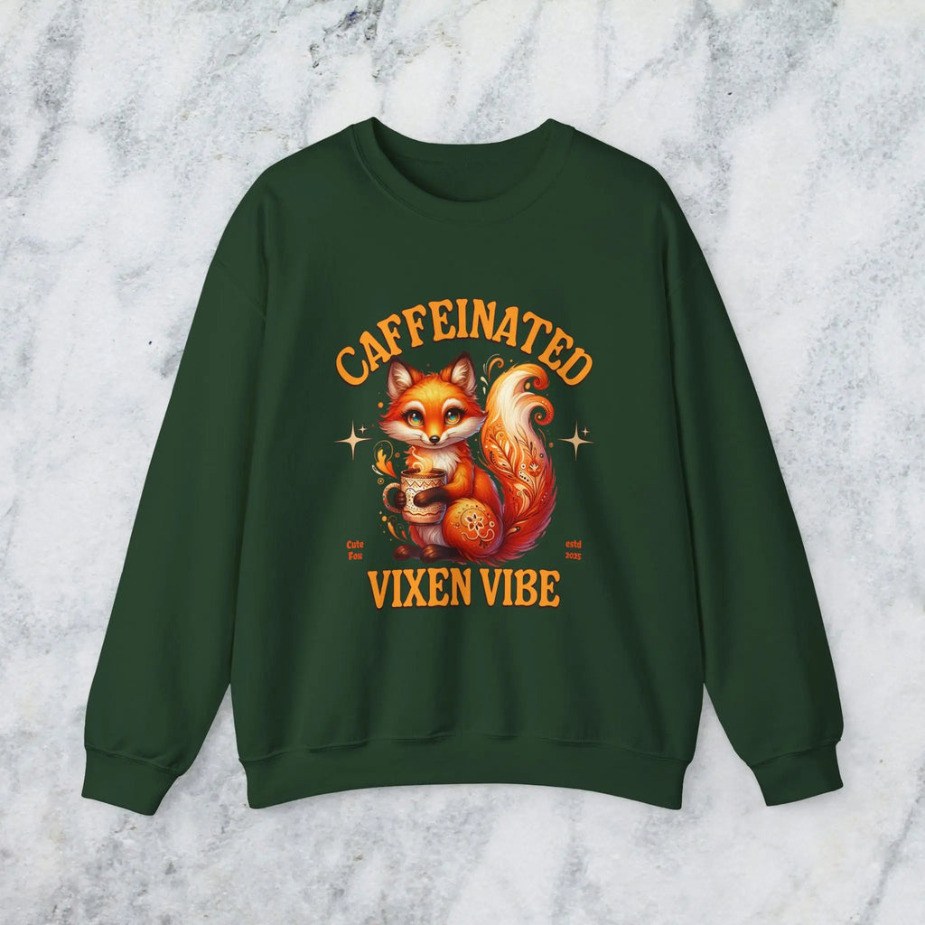 Caffeinated Vixen Vibe Sweatshirt, Cozy Unisex Crewneck for Coffee Lovers, Gift for Birthdays, Fall Fashion, Cute Animal Sweater Printify