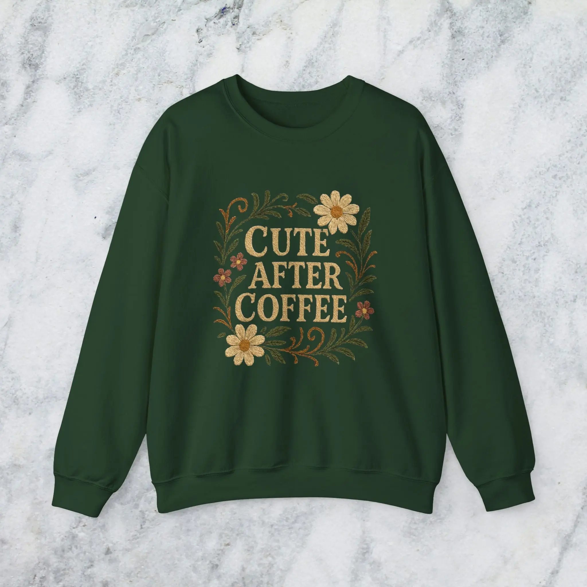 Cute After Coffee Floral Sweatshirt — Faux Embroidery Crewneck - Boldly Bitter Company