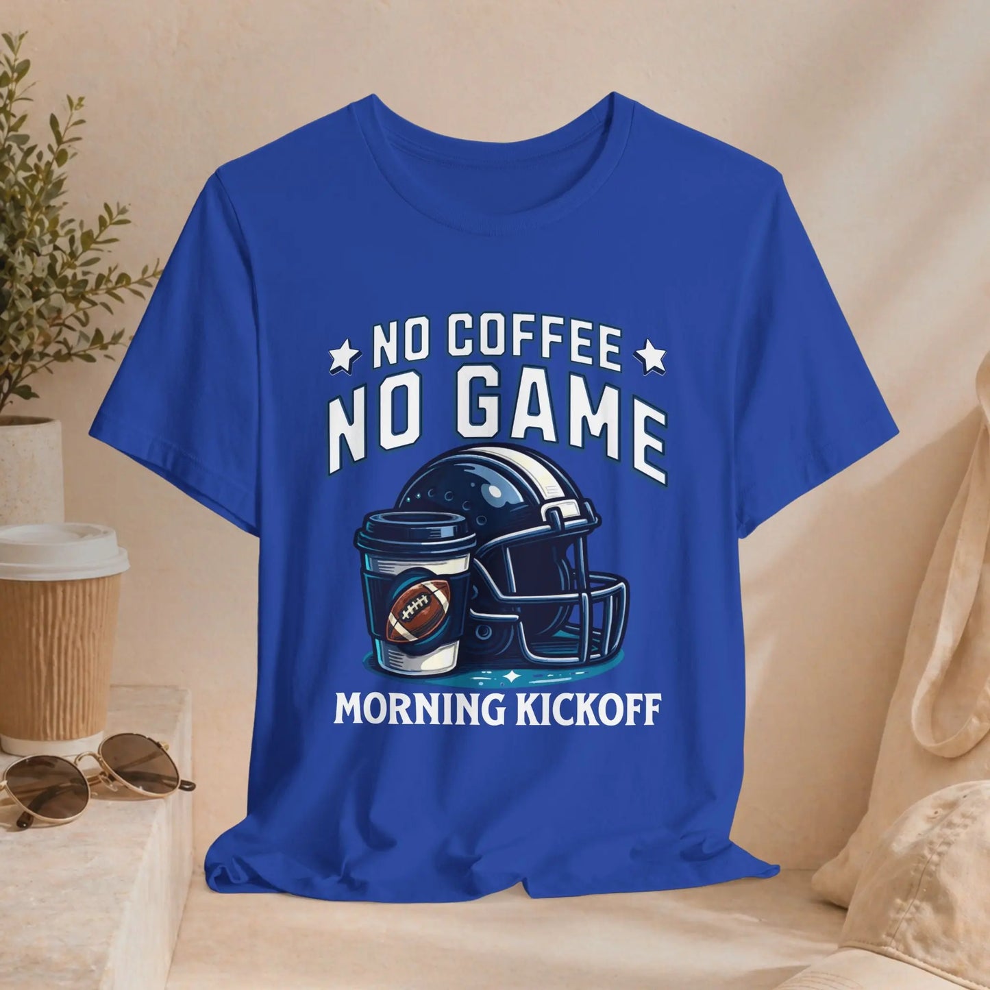 No Coffee No Game Football Tee — "Morning Kickoff" Helmet Graphic Shirt Printify